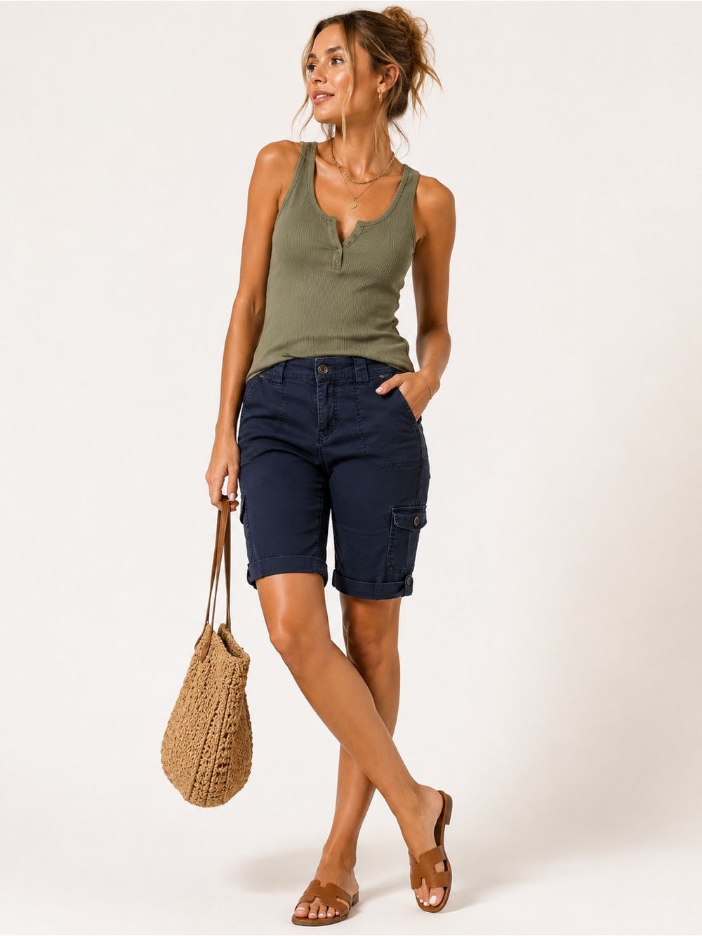 Women’s Navy Cargo Bermuda Shorts Petite Size 4 Cotton Stretch Casual Utility St